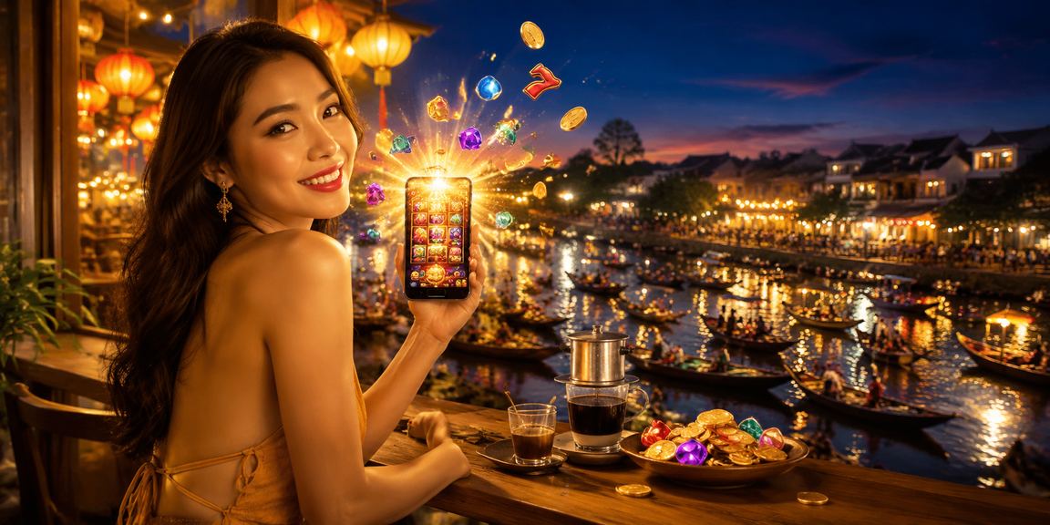 Người dùng tại Cần Thơ thư giãn với slot game và cà phê, trải nghiệm giải trí trực tuyến buổi sáng