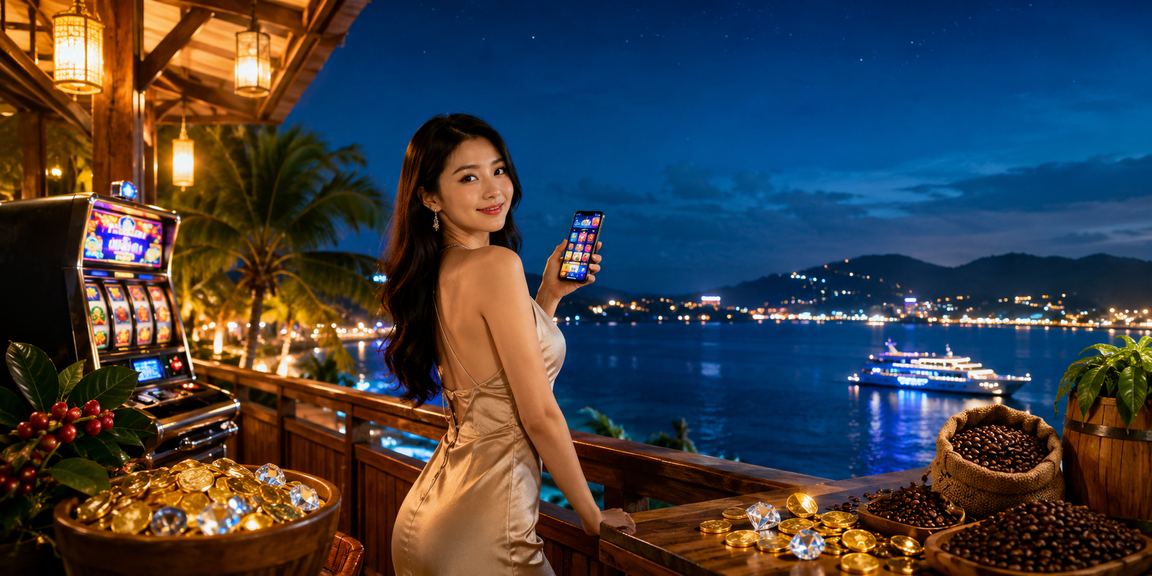Du khách tại Phú Quốc thư giãn với điện thoại, trải nghiệm slot game và đặt cược trực tuyến bên ly cà phê